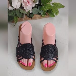 Minnetonka Black and Brown Sandals with Woven Texture
